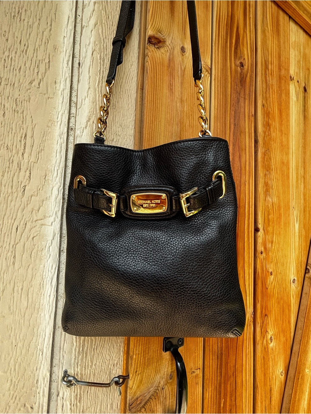 Michael Kors Black Pebbled Leather Shoulder Bag with Gold-Tone Plaque